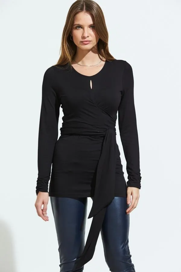 Sosandar Tops Women Black Wrap Tie Jersey Top Black
