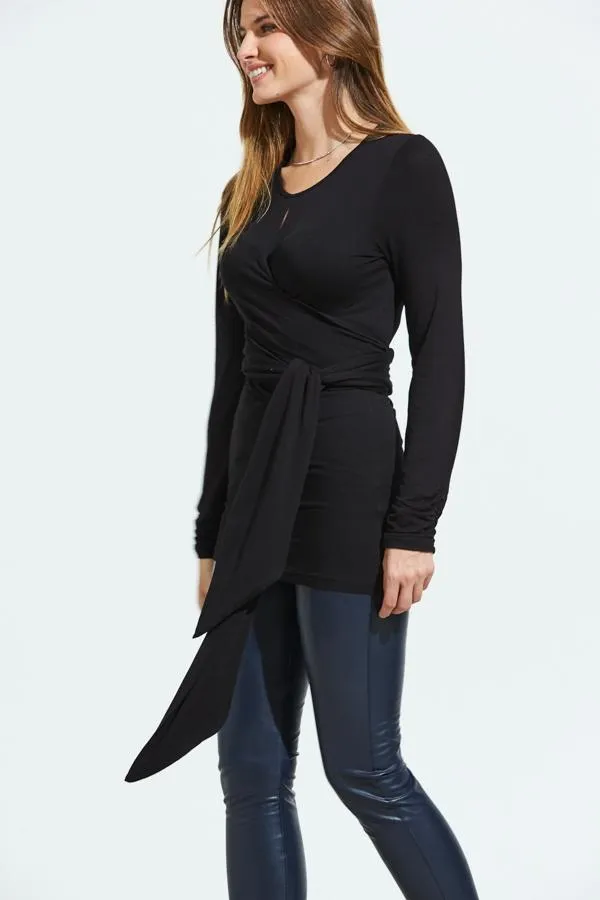Sosandar Tops Women Black Wrap Tie Jersey Top Black