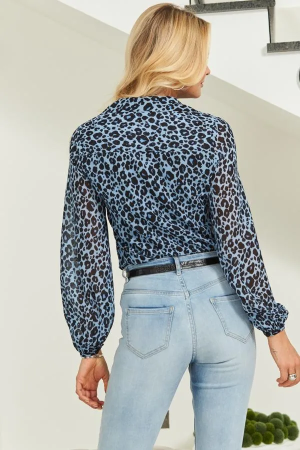 Sosandar Tops Women Blue and Black Leopard Print Blouson Sleeve Shirt Blue Black