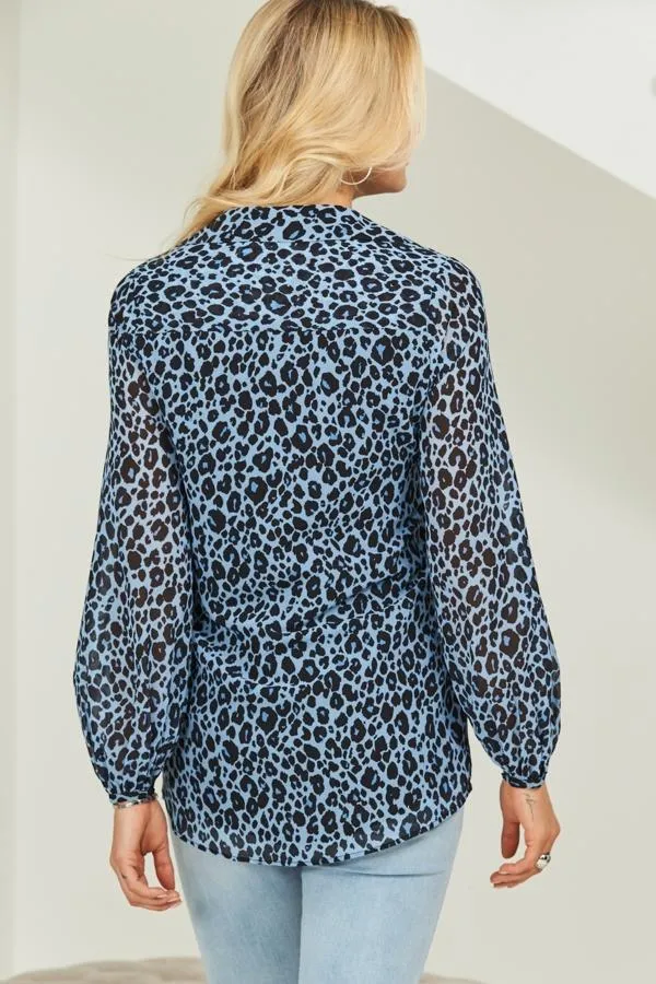 Sosandar Tops Women Blue and Black Leopard Print Blouson Sleeve Shirt Blue Black