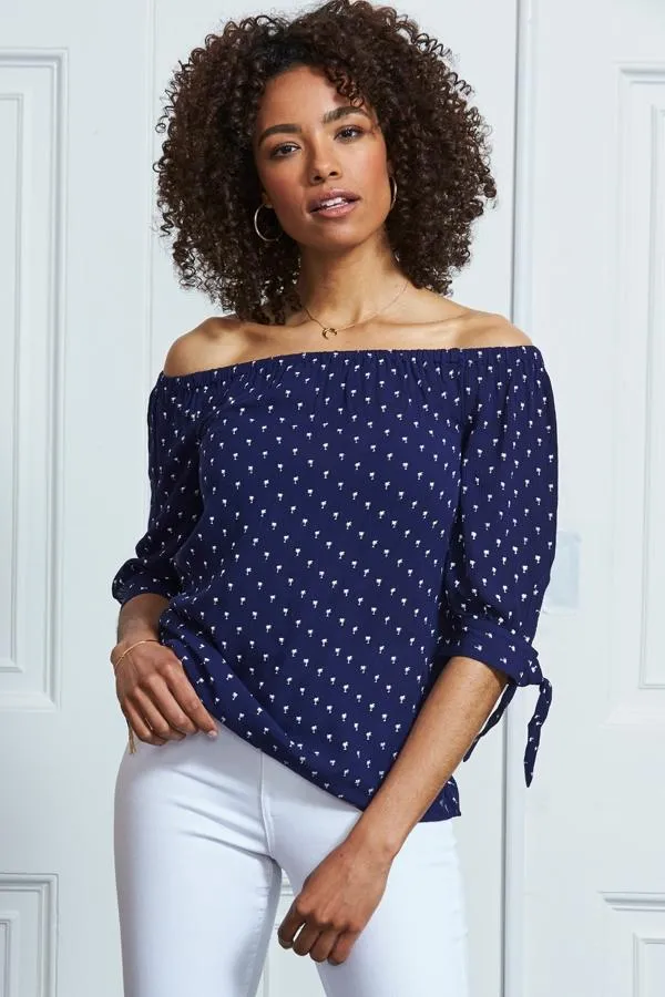 Sosandar Tops Women Navy Blue Mini Palm Print Tie Sleeve Bardot Top Navy Blue