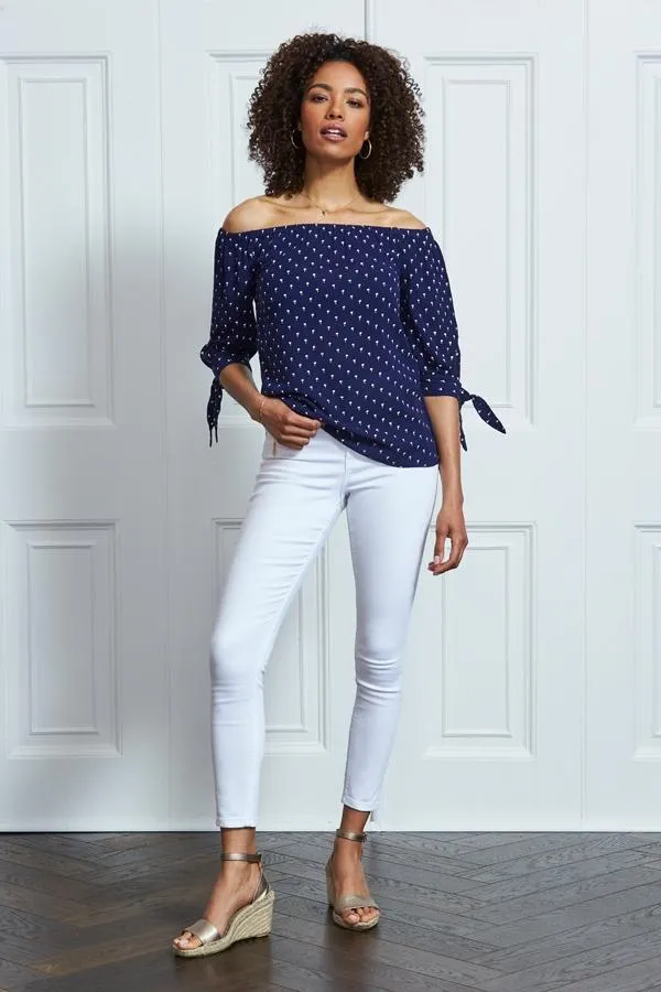 Sosandar Tops Women Navy Blue Mini Palm Print Tie Sleeve Bardot Top Navy Blue