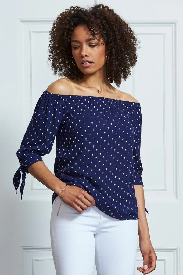 Sosandar Tops Women Navy Blue Mini Palm Print Tie Sleeve Bardot Top Navy Blue