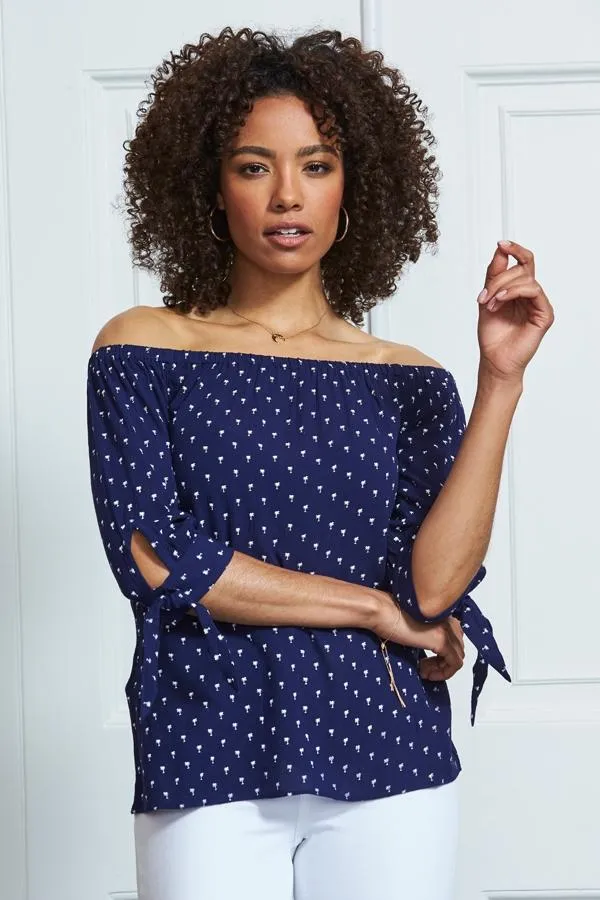 Sosandar Tops Women Navy Blue Mini Palm Print Tie Sleeve Bardot Top Navy Blue