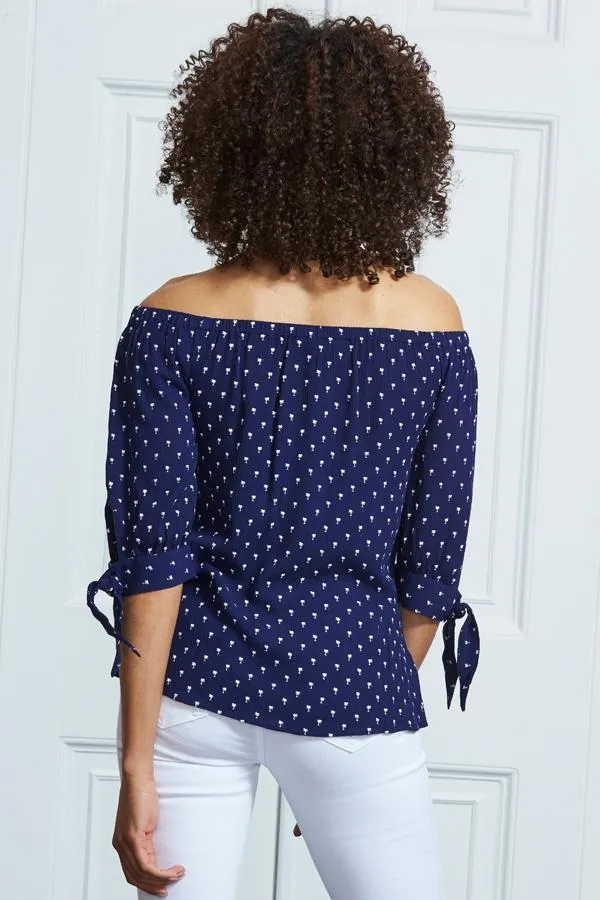 Sosandar Tops Women Navy Blue Mini Palm Print Tie Sleeve Bardot Top Navy Blue