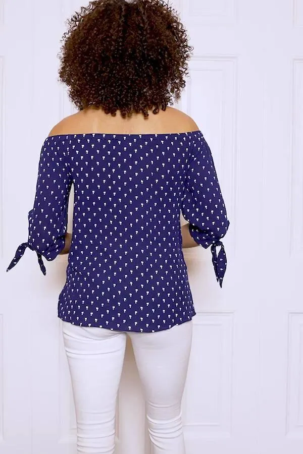 Sosandar Tops Women Navy Blue Mini Palm Print Tie Sleeve Bardot Top Navy Blue