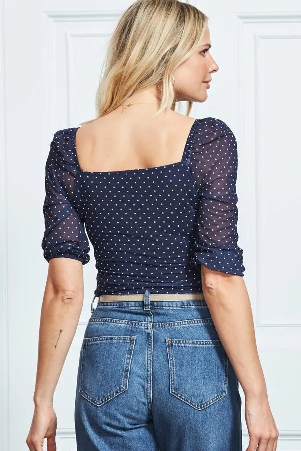 Sosandar Tops Women Navy Spot Print Sweetheart Neckline Mesh Top Navy