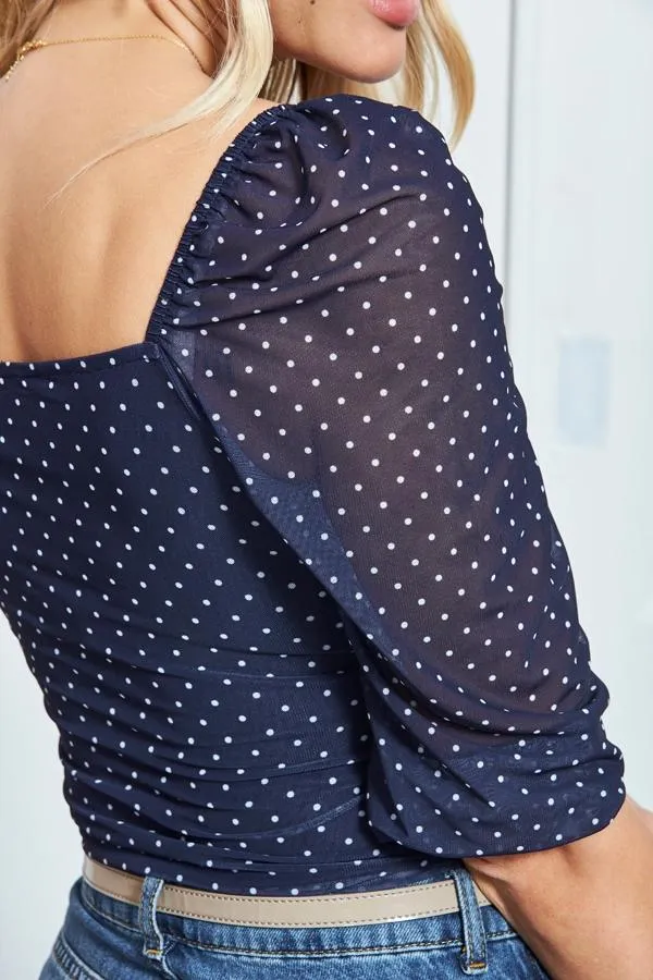 Sosandar Tops Women Navy Spot Print Sweetheart Neckline Mesh Top Navy