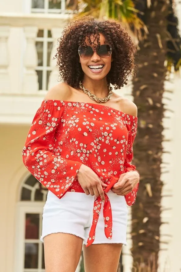 Sosandar Tops Women Red and White Daisy Print Tie Front Bardot Top Red White
