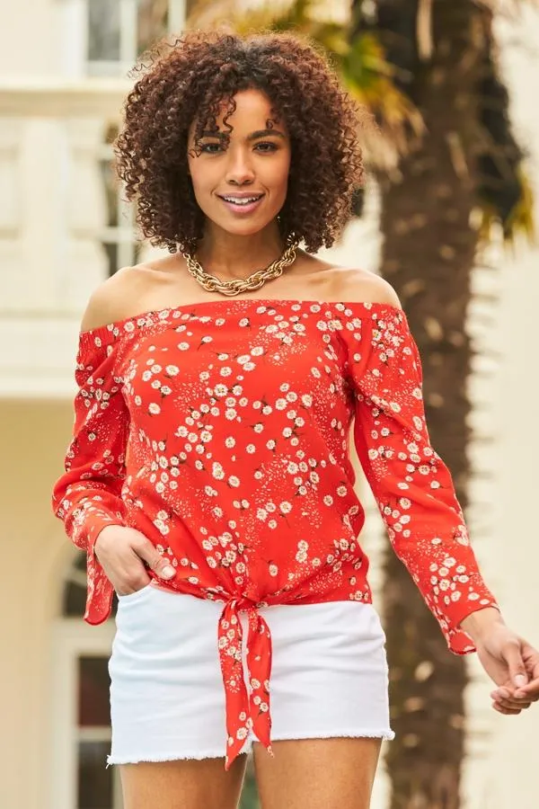 Sosandar Tops Women Red and White Daisy Print Tie Front Bardot Top Red White