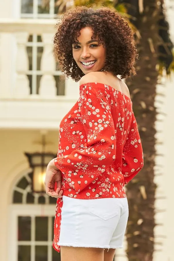 Sosandar Tops Women Red and White Daisy Print Tie Front Bardot Top Red White