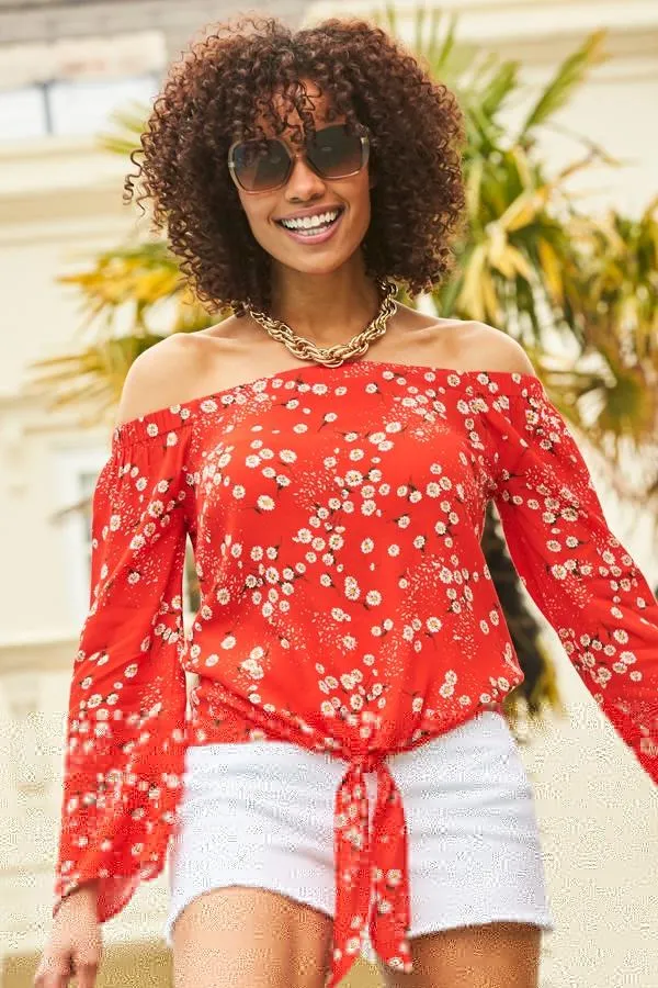 Sosandar Tops Women Red and White Daisy Print Tie Front Bardot Top Red White