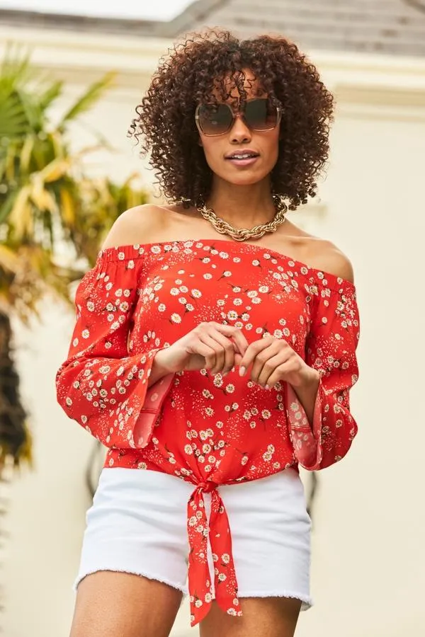 Sosandar Tops Women Red and White Daisy Print Tie Front Bardot Top Red White