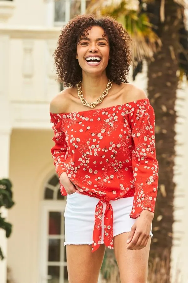 Sosandar Tops Women Red and White Daisy Print Tie Front Bardot Top Red White