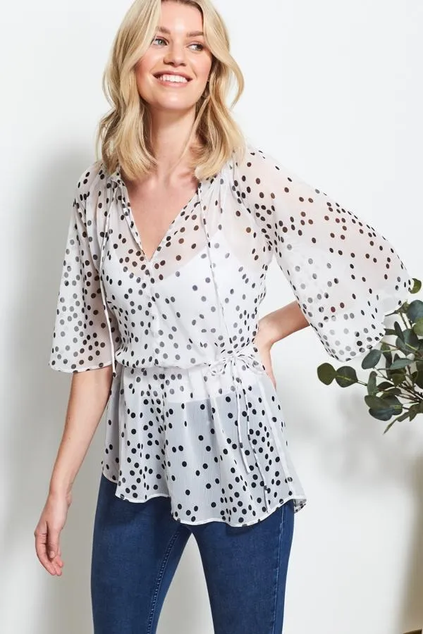 Sosandar Tops Women White and Black Polka Dot Angel Sleeve Top White Black