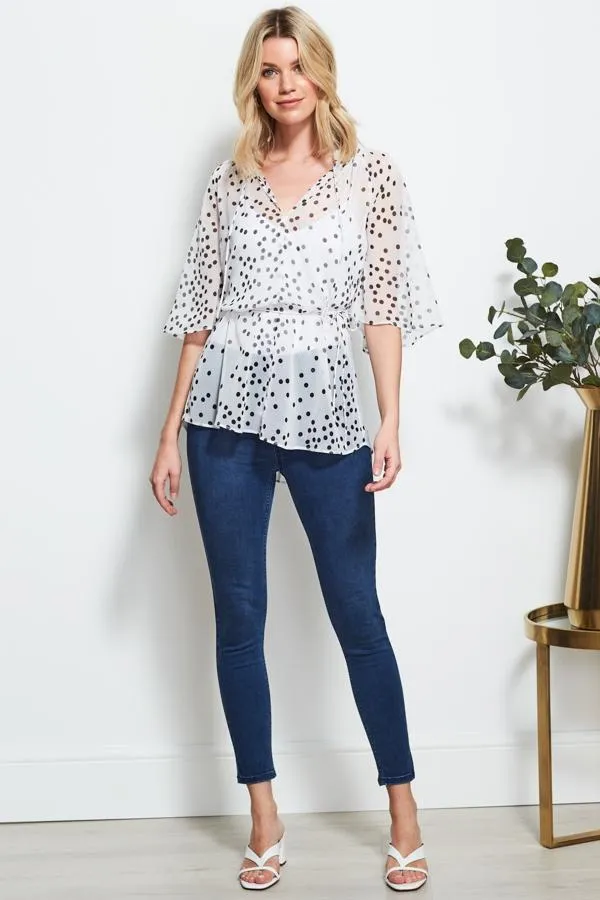 Sosandar Tops Women White and Black Polka Dot Angel Sleeve Top White Black