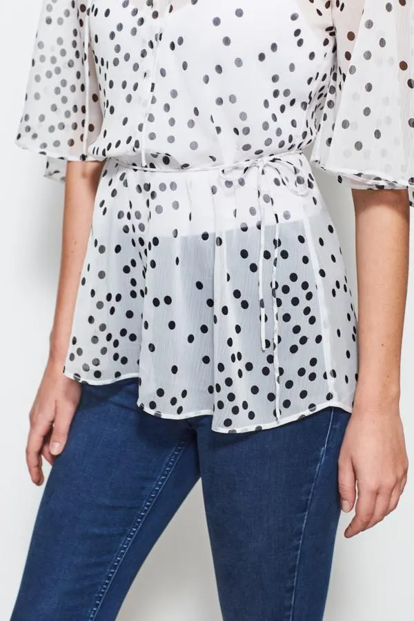 Sosandar Tops Women White and Black Polka Dot Angel Sleeve Top White Black