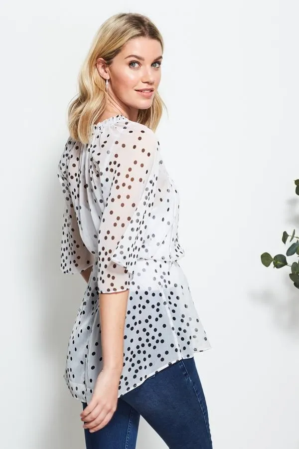 Sosandar Tops Women White and Black Polka Dot Angel Sleeve Top White Black