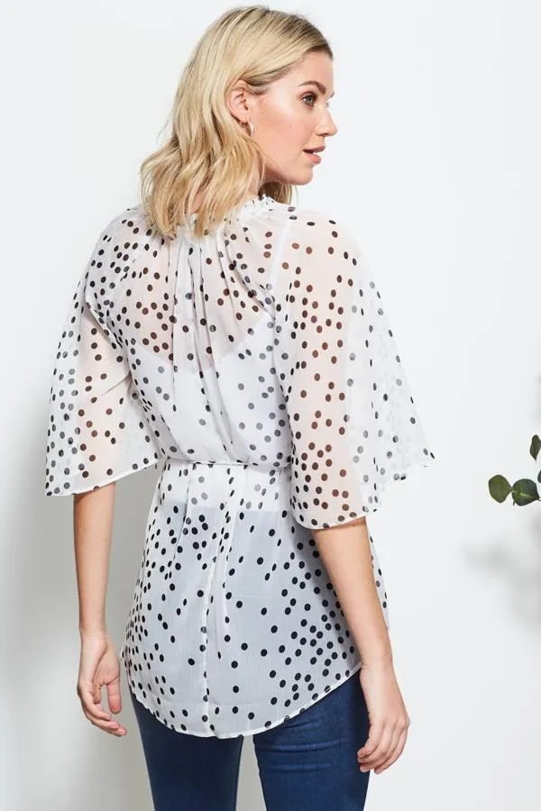 Sosandar Tops Women White and Black Polka Dot Angel Sleeve Top White Black