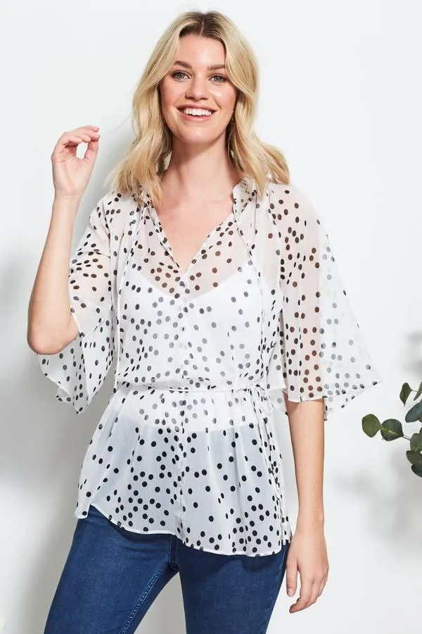 Sosandar Tops Women White and Black Polka Dot Angel Sleeve Top White Black