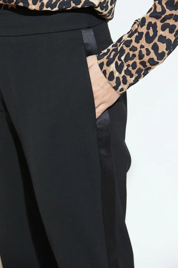 Sosandar Trousers and Leggings Women Black Satin Leg Detail Tuxedo Trousers Black