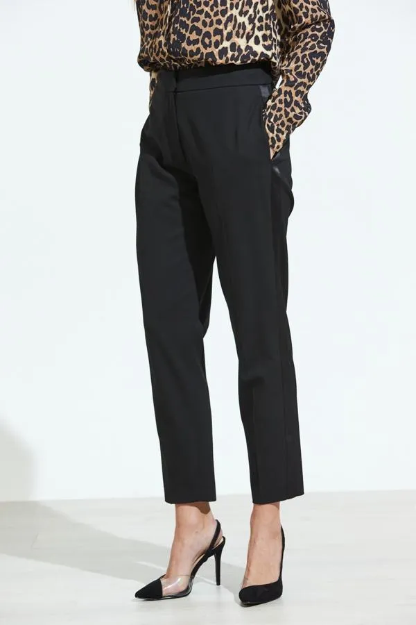 Sosandar Trousers and Leggings Women Black Satin Leg Detail Tuxedo Trousers Black