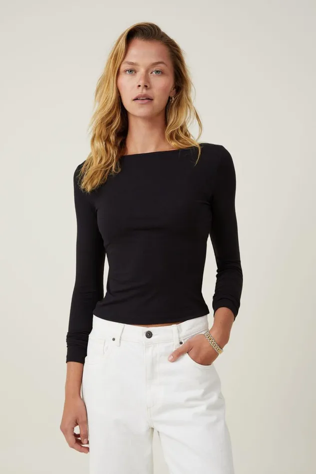 Staple Rib Boat Neck Long Sleeve Top Black Women Cotton On Tops