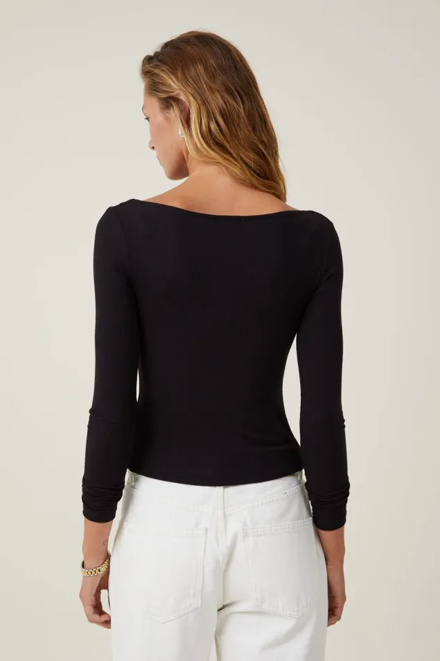 Staple Rib Boat Neck Long Sleeve Top Black Women Cotton On Tops