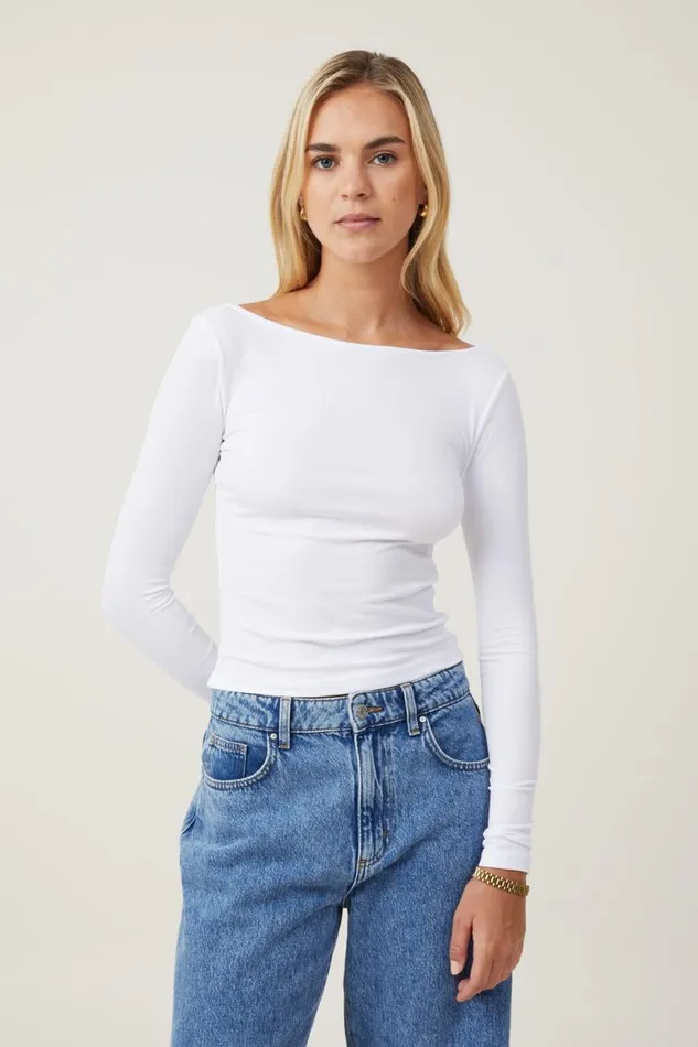 Staple Rib Boat Neck Long Sleeve Top White Women Cotton On Tops