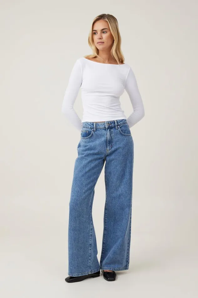 Staple Rib Boat Neck Long Sleeve Top White Women Cotton On Tops