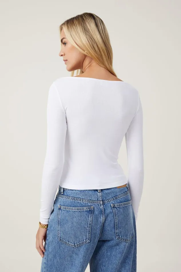 Staple Rib Boat Neck Long Sleeve Top White Women Cotton On Tops