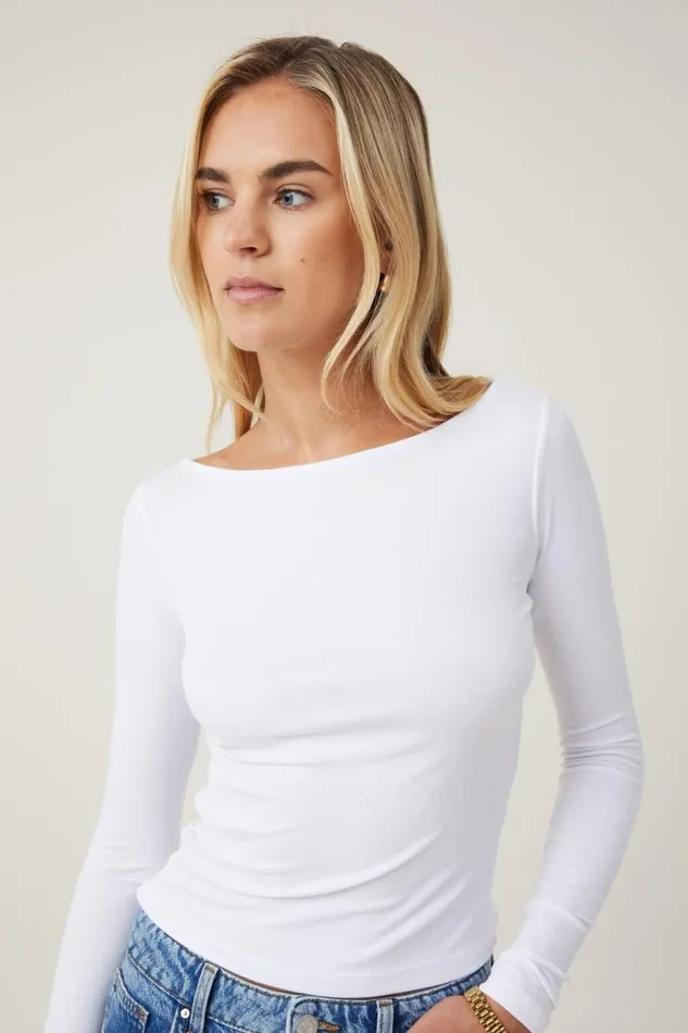 Staple Rib Boat Neck Long Sleeve Top White Women Cotton On Tops