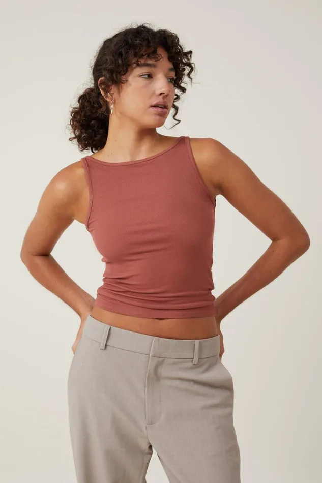 Staple Rib Boat Neck Tank Dark Sepia Women Cotton On Tops