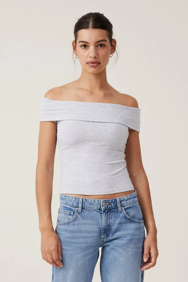 Staple Rib Off The Shoulder Short Sleeve Top Grey Marle Women Cotton On Tops