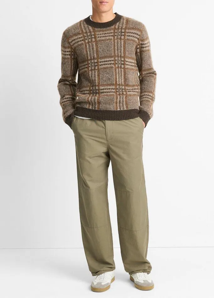 Sweaters Men Vince Brushed Glen Plaid Crew Neck Sweater Bristle Khaki Combo