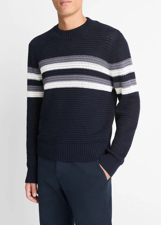 Sweaters Men Vince Crafted Crochet Striped Cotton Sweater Coastal Blue Combo Sweaters Men Vince Crafted Crochet Striped Cotton Sweater Coastal Blue Combo