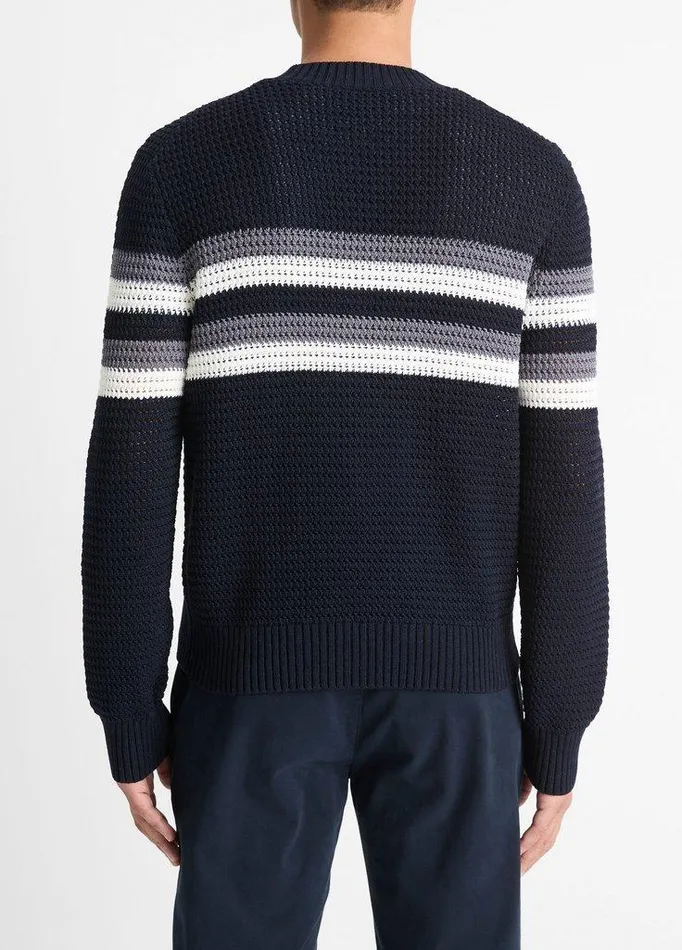 Sweaters Men Vince Crafted Crochet Striped Cotton Sweater Coastal Blue Combo Sweaters Men Vince Crafted Crochet Striped Cotton Sweater Coastal Blue Combo