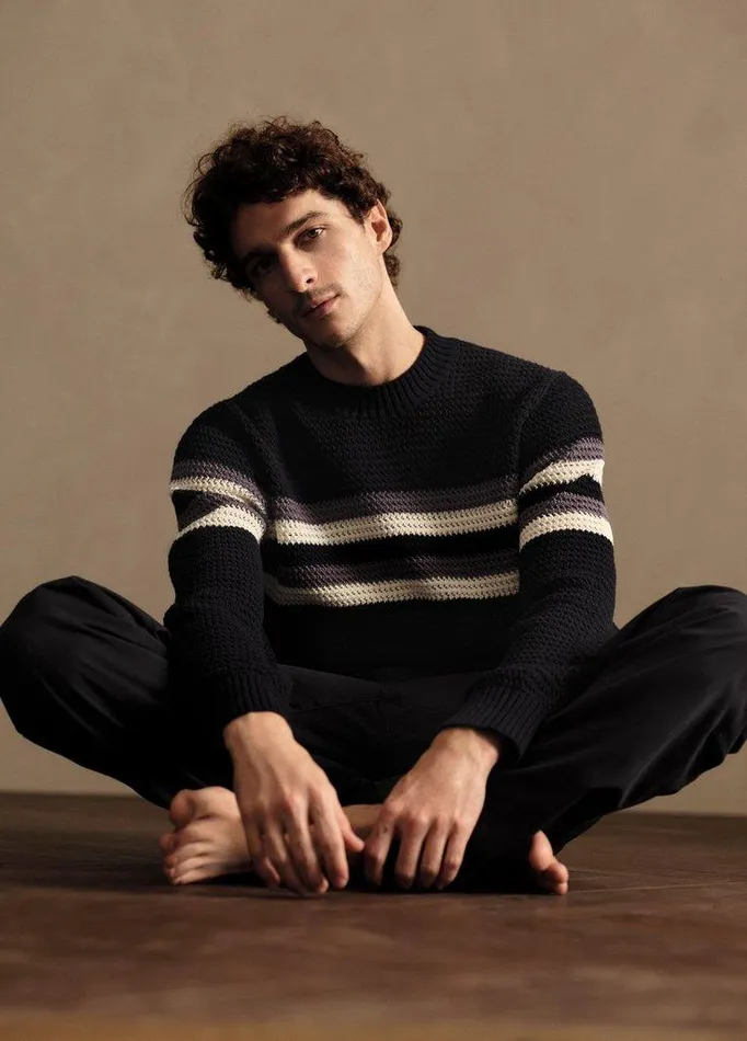 Sweaters Men Vince Crafted Crochet Striped Cotton Sweater Coastal Blue Combo Sweaters Men Vince Crafted Crochet Striped Cotton Sweater Coastal Blue Combo