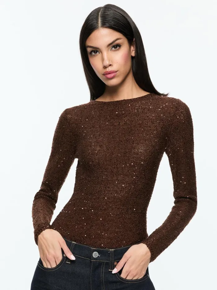 Sweaters Women Alice Olivia ENEIDA SLIM SEQUIN CREW Espresso