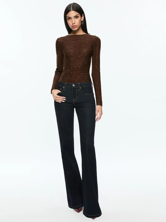 Sweaters Women Alice Olivia ENEIDA SLIM SEQUIN CREW Espresso
