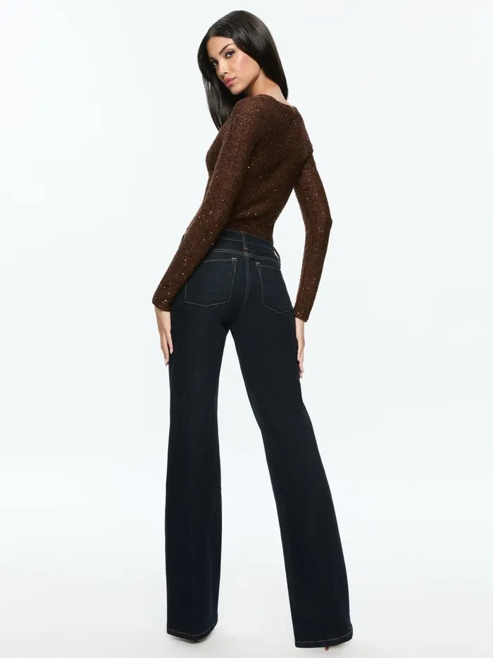 Sweaters Women Alice Olivia ENEIDA SLIM SEQUIN CREW Espresso