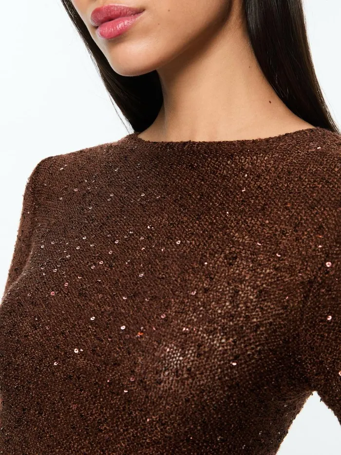 Sweaters Women Alice Olivia ENEIDA SLIM SEQUIN CREW Espresso