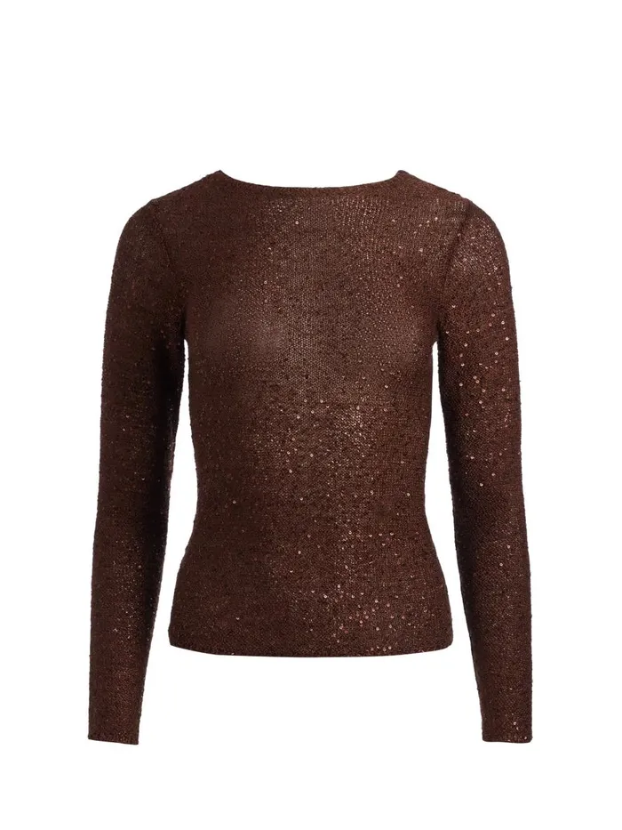 Sweaters Women Alice Olivia ENEIDA SLIM SEQUIN CREW Espresso