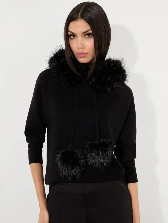 Sweaters Women Alice Olivia OSCAR HOODIE WITH FAUX FUR TRIM Black