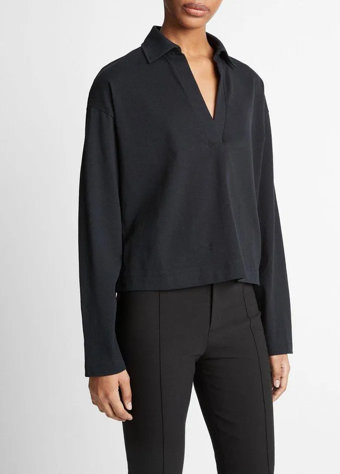 TShirts Women Vince Easy Pima Cotton LongSleeve Polo Shirt Black TShirts Women Vince Easy Pima Cotton LongSleeve Polo Shirt Black