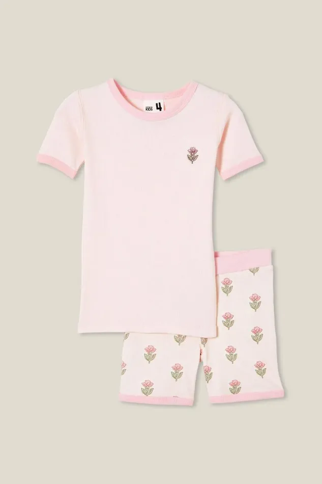 Talia Short Sleeve Pyjama Set Crystal Pinkwood Stamp Floral GirlsBoys Cotton On Sleepwear