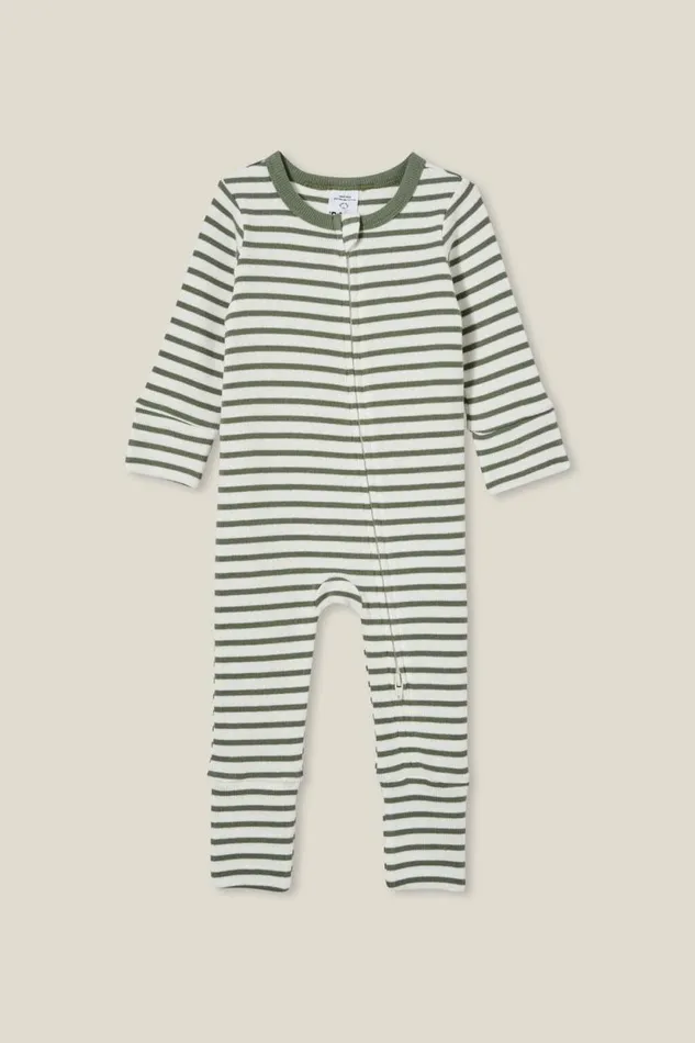 The Billie Long Sleeve Rib Romper Swag Greenvanilla Stripe Baby Cotton On Rompers and Bubbysuits The Billie Long Sleeve Rib Romper Swag Greenvanilla Stripe Baby Cotton On Rompers and Bubbysuits