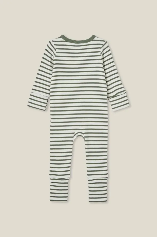 The Billie Long Sleeve Rib Romper Swag Greenvanilla Stripe Baby Cotton On Rompers and Bubbysuits The Billie Long Sleeve Rib Romper Swag Greenvanilla Stripe Baby Cotton On Rompers and Bubbysuits