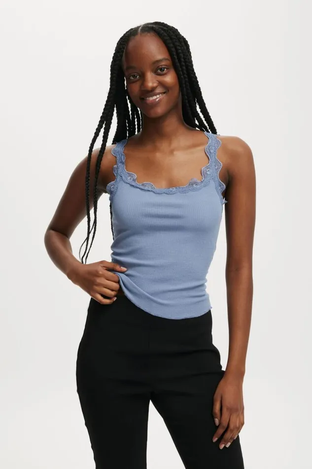 Tibby Lace Trim Tank Elemental Blue Women Cotton On Tops