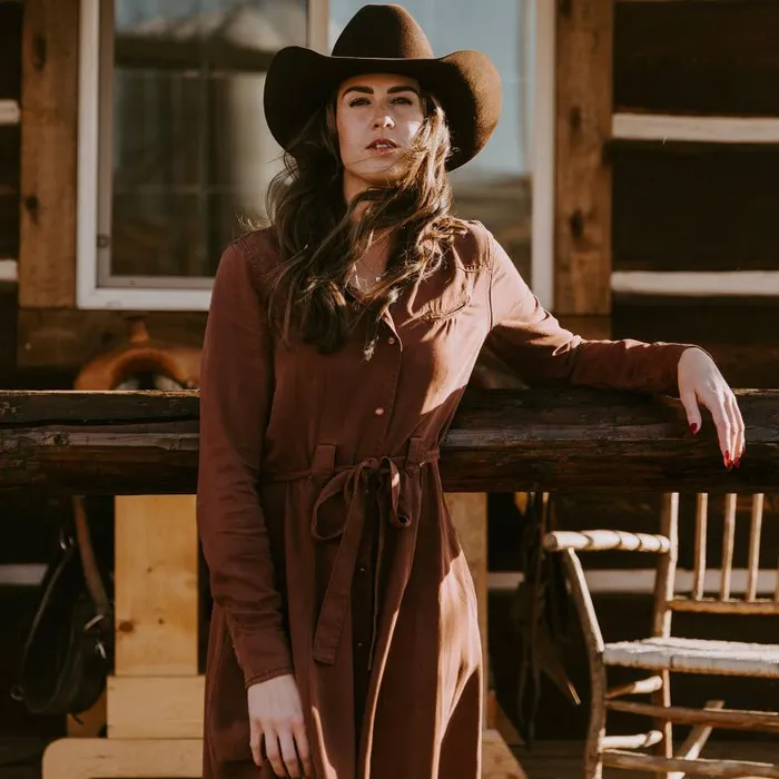 Tobacco Tencel Western Dress Brown Women Stetson Midi